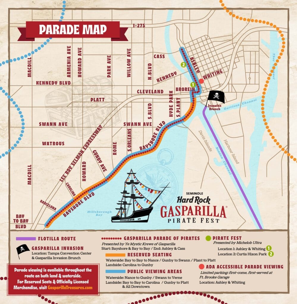 Gasparilla Pirate Fest 2025 Parade Map showing the parade route along Bayshore Boulevard in Tampa, Florida, with key locations such as Curtis Hixon Park, ADA-accessible viewing areas, and public viewing zones.