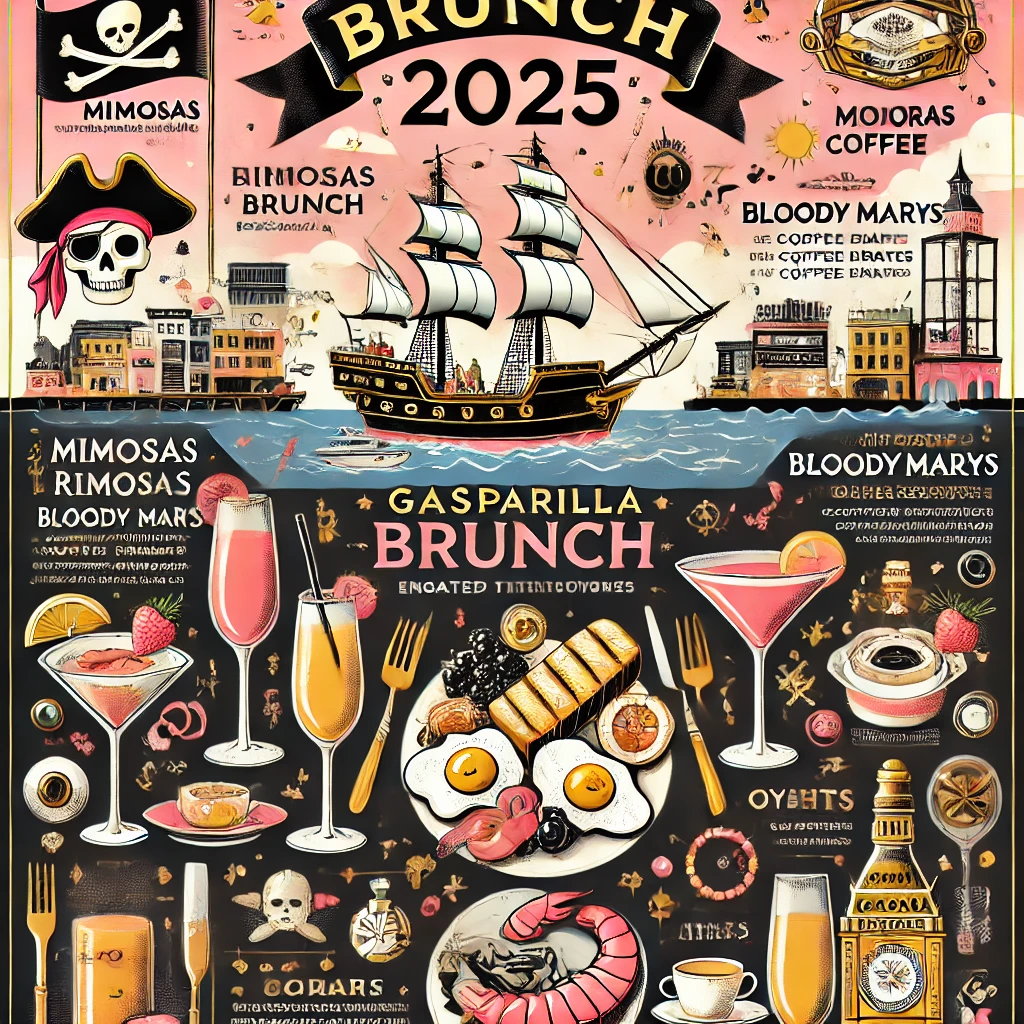 Elegant infographic showcasing Gasparilla Brunch 2025 with pirate-themed visuals, featuring mimosas, Bloody Marys, oysters, shrimp, and other brunch favorites.