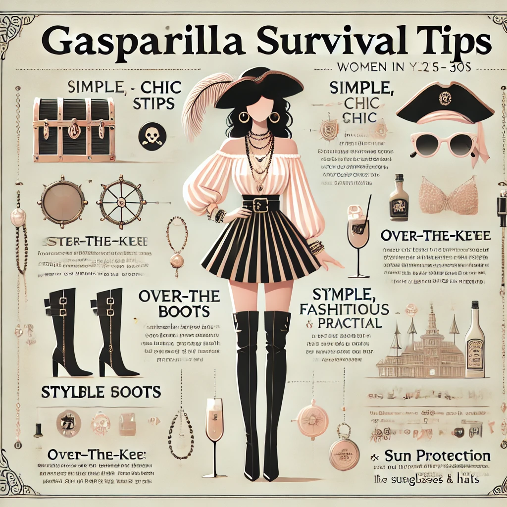 Classy Gasparilla Survival Tips infographic for women in their 20s-30s, featuring chic pirate-themed outfit ideas and practical festival tips.