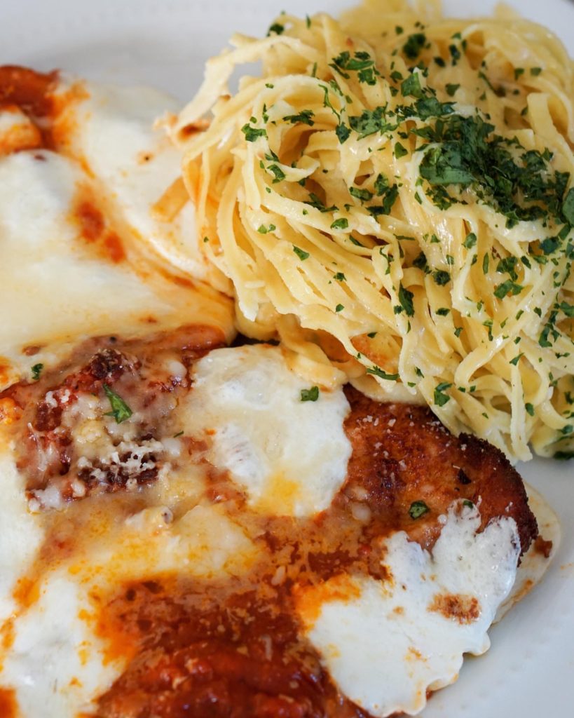 Chicken Parmigiana with Garlic Linguini from OLIVIA