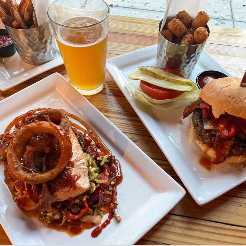 Black Flag burger and Sriracha Salmon at Engine No 9 Burgers St. Pete with beer and tots