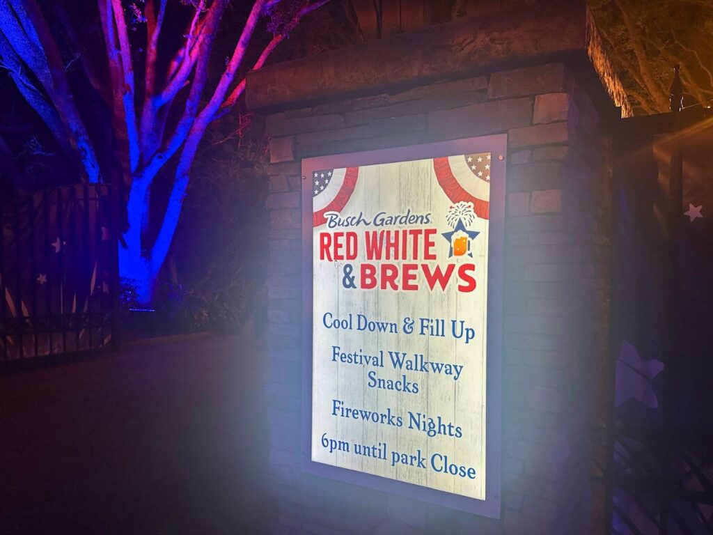 Red, White and Brews sign at busch gardens tampa bay