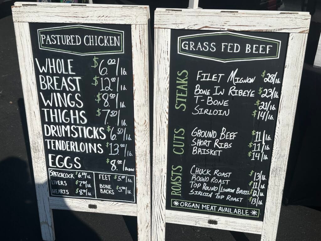chalk style menu of chicken and beef at farmers stand fresh market wiregrass tampa bay