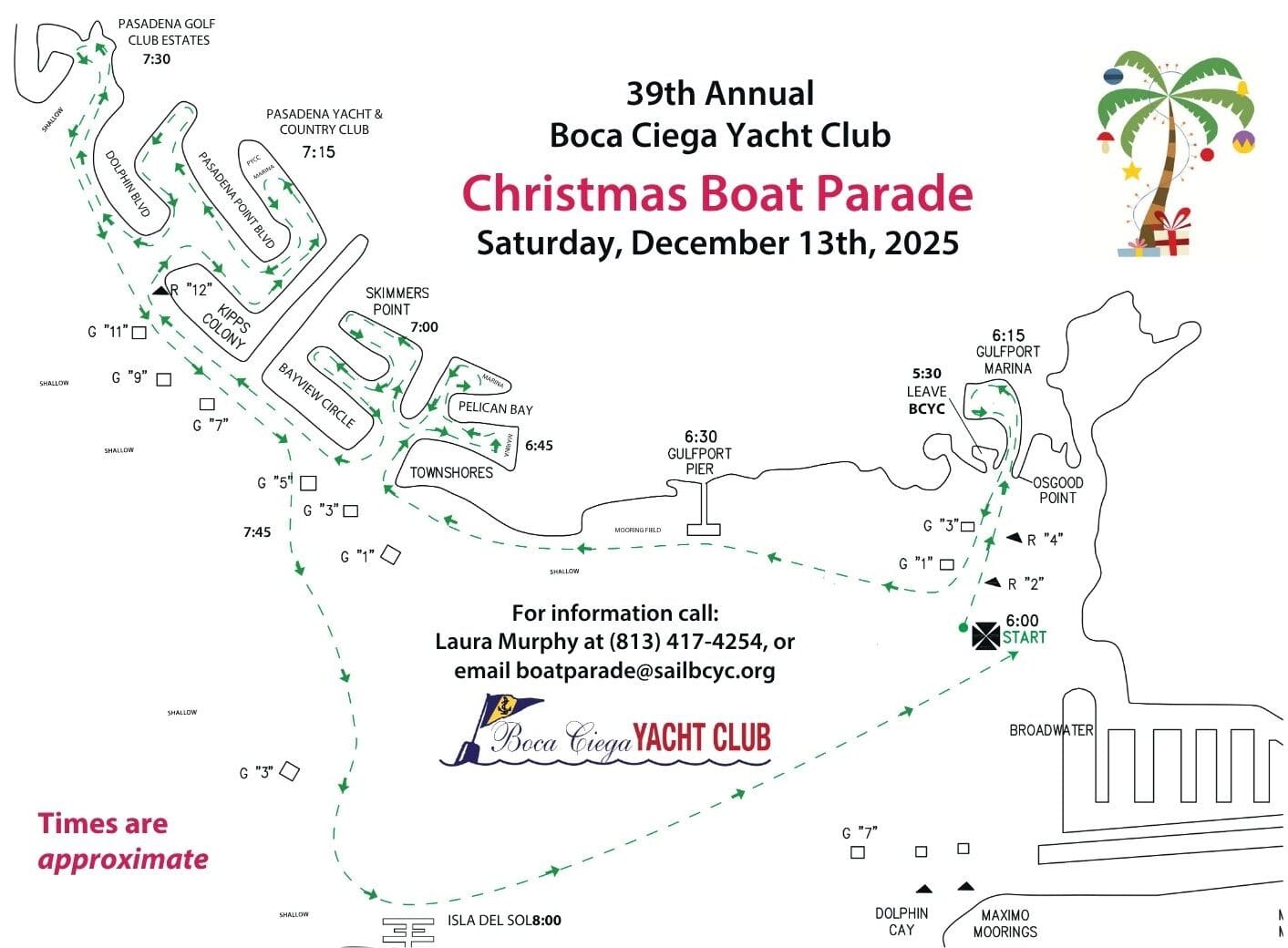 The Boca Ciega Yacht Club Christmas Boat Parade 2025 route