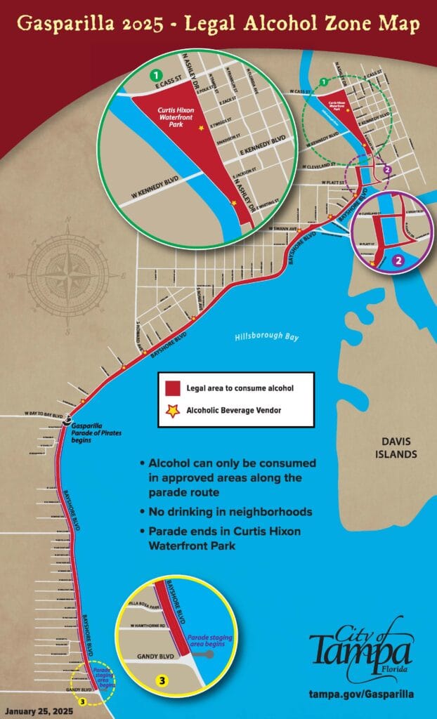 Gasparilla 2025 Legal Alcohol Zone Map highlighting designated drinking areas along the parade route and Curtis Hixon Waterfront Park in Tampa, Florida.