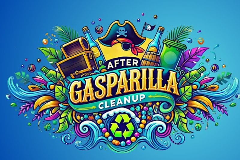 Colorful After Gasparilla Cleanup graphic by Keep Tampa Bay Beautiful featuring pirate-themed elements like treasure chests, beads, and a recycling symbol.