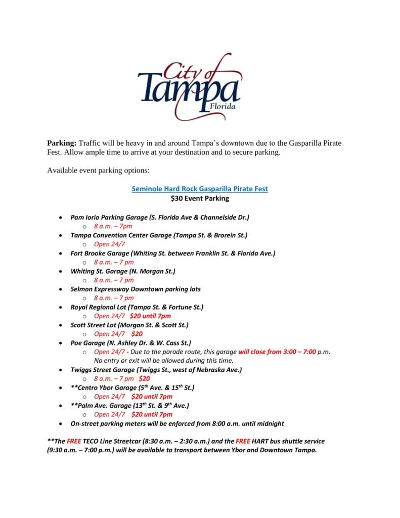 Flyer by the City of Tampa, Florida, detailing parking options for Gasparilla Pirate Fest. Includes a list of parking garages, event times, and notes about fees, free TECO Line Streetcar, and HART bus shuttle services.