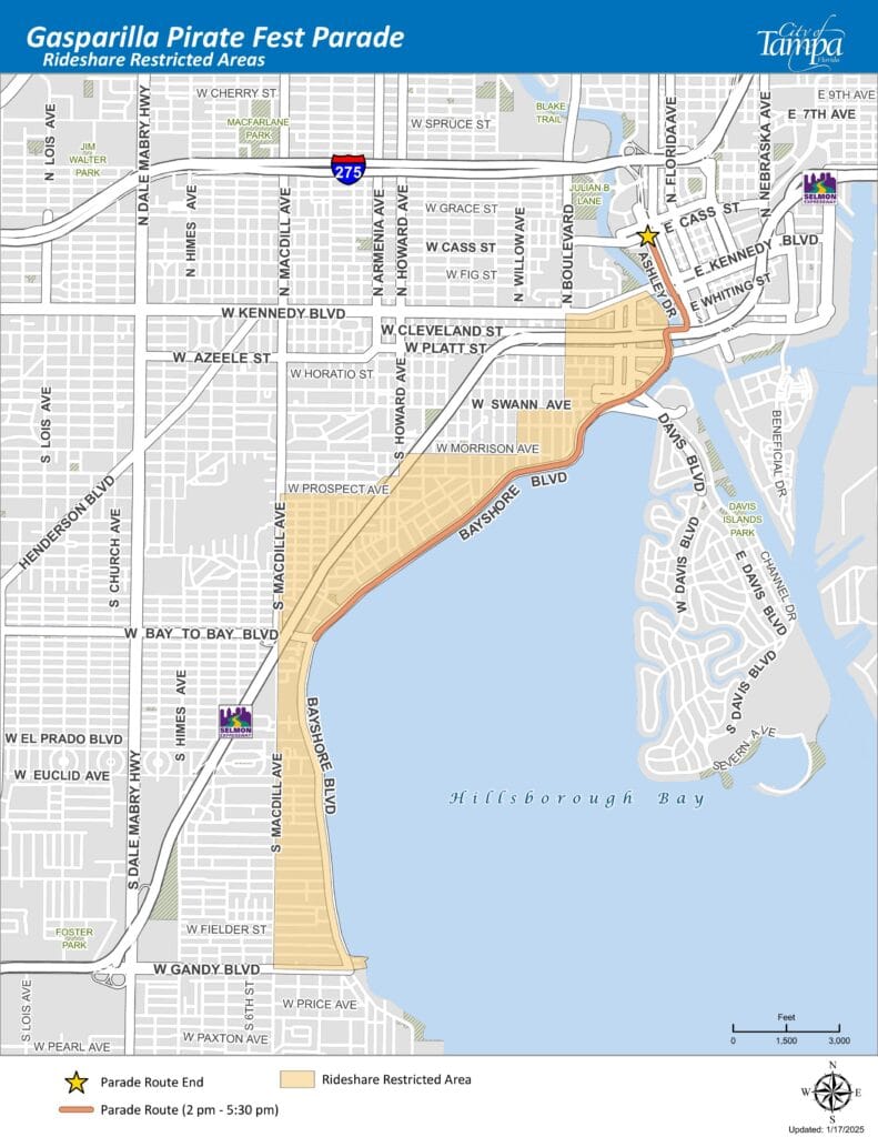 Map highlighting rideshare restricted areas and parade route for the Gasparilla Pirate Fest Parade in Tampa.