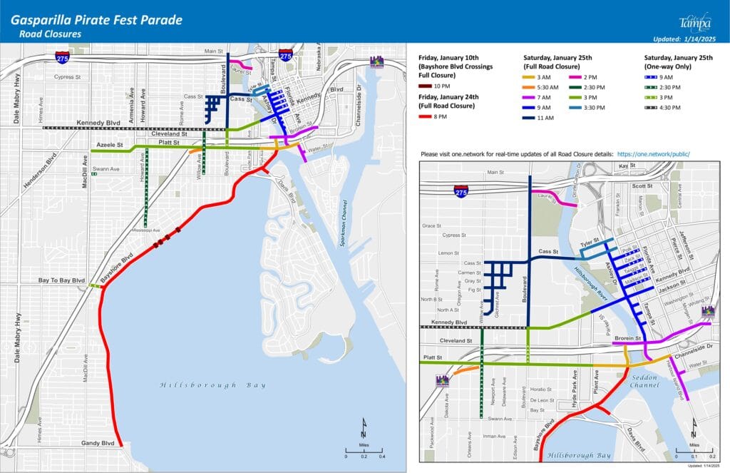 Map of road closures in Tampa for the Gasparilla Pirate Fest Parade, showing affected streets and closures by date and time with color-coded routes.