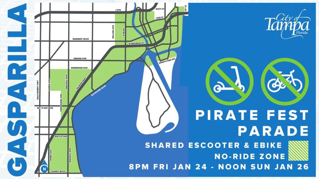 Map showing the shared e-scooter and e-bike no-ride zones for the Gasparilla Pirate Fest Parade in Tampa.