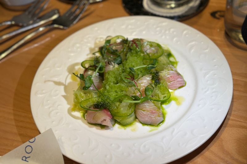 The Crudo starter, featuring Hamachi fish, from Rocca, a Michelin Star restaurant in Tampa, FL.
