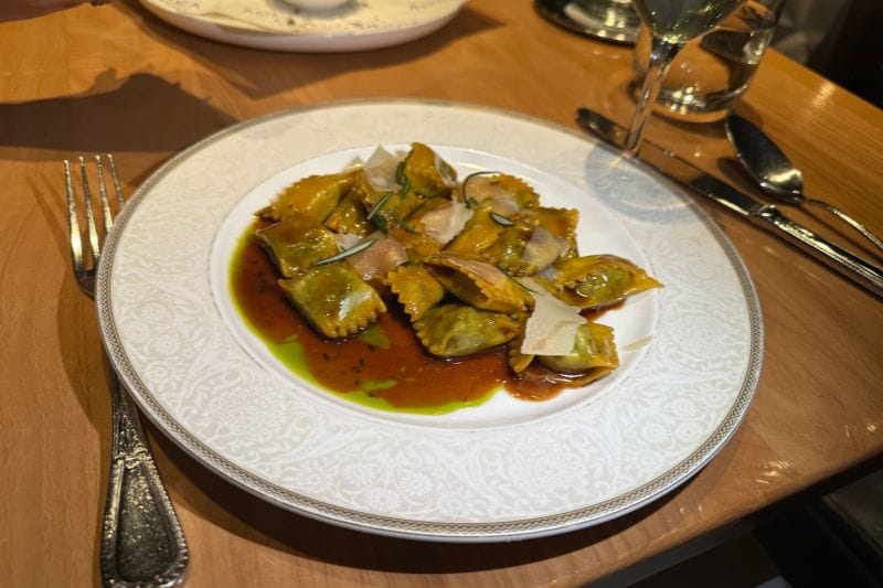 Ravioli del Plin from Rocca, a Michelin Star restaurant in Tamp, FL. This dish features a veal filling.