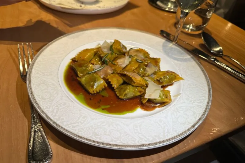 Ravioli del Plin from Rocca, a Michelin Star restaurant in Tamp, FL. This dish features a veal filling.
