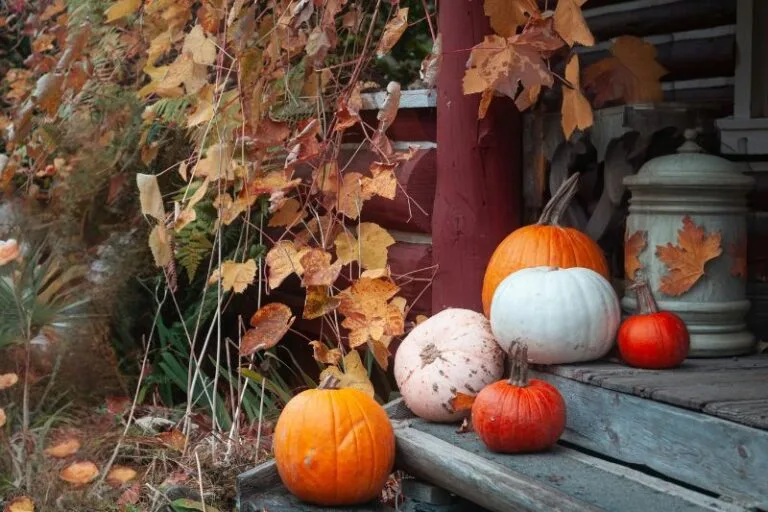 Tampa Bay Fall Festivals pumpkins on wood porch with fall leaves and florida greens - Dani canva