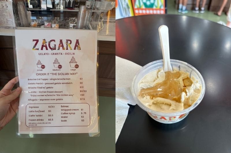 Zagara menu and Affogato with Hazelnut Gelato