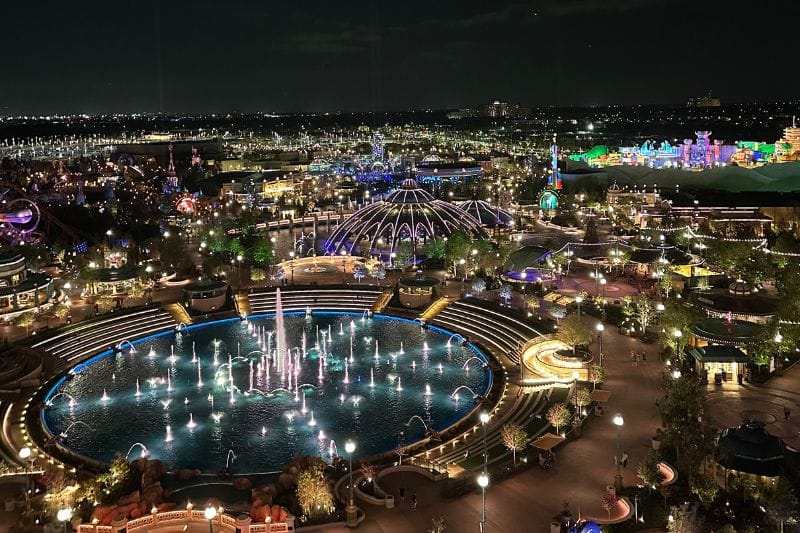 Nighttime view of Universal Orlando's Epic Universe from Bar Helios