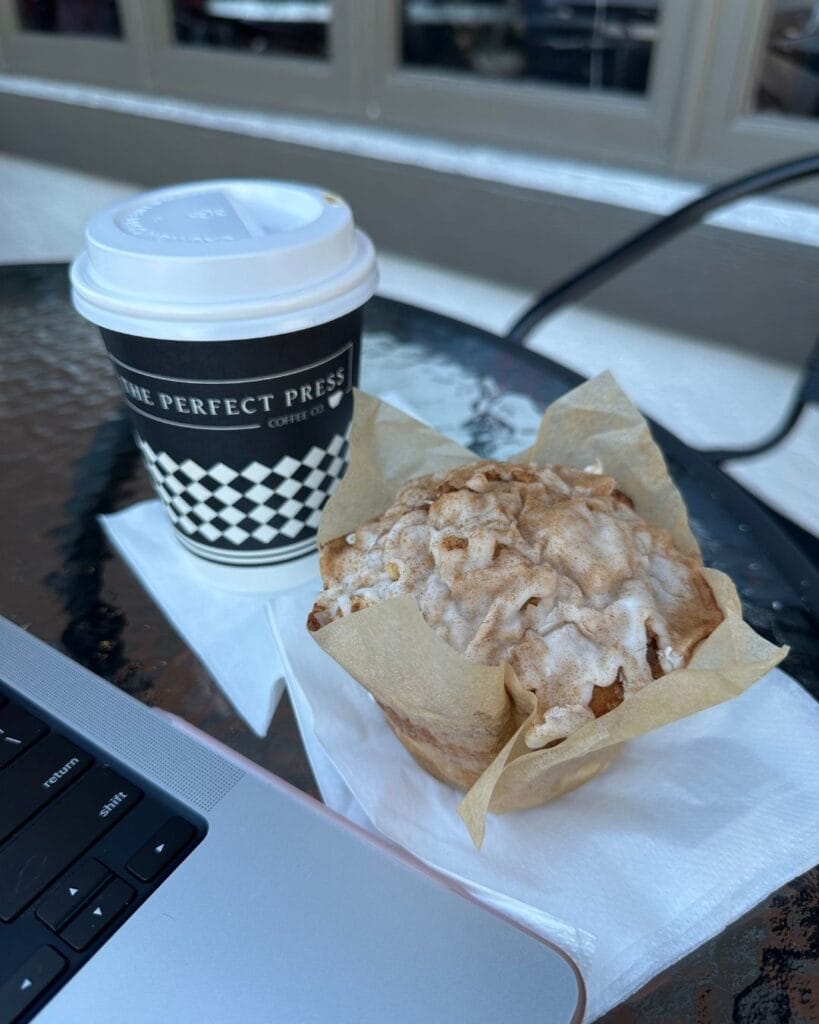 The Perfect Press coffee and Cinnamon Crumb Muffin