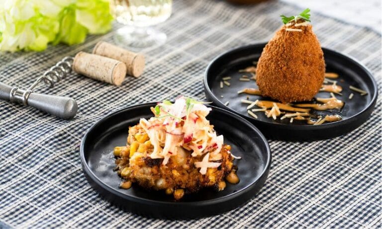 Cabin 3 food items, Crab Corn Cakes and Wild Mushroom Arancini