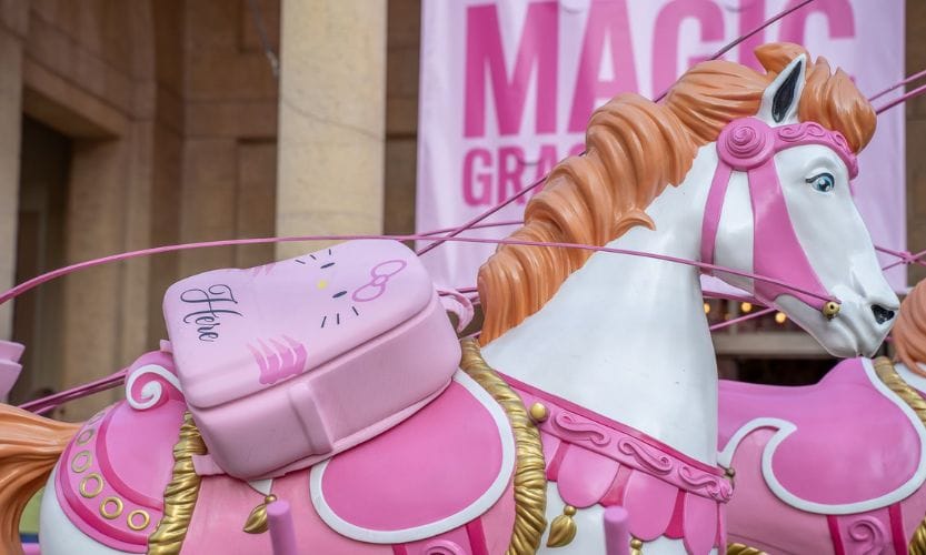 One of the white and pink horses from the 30-foot long horse and carriage sculpture by Yvette Mayorga outside of the Museum of Fine Arts in St. Pete Florida