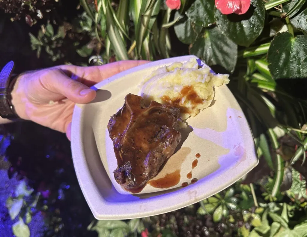 delicious lamb steak with a mash on the side in front of a cute greenery background at the Food Wine & Garden Festival