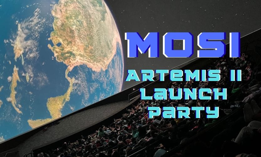 An image insdie the MOSI planetarium with guests in the seats and a big image of the earth on screen