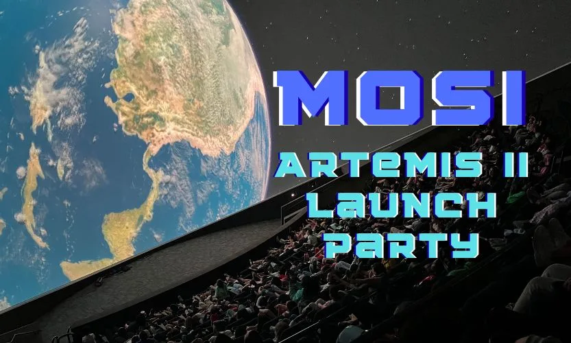 An image insdie the MOSI planetarium with guests in the seats and a big image of the earth on screen