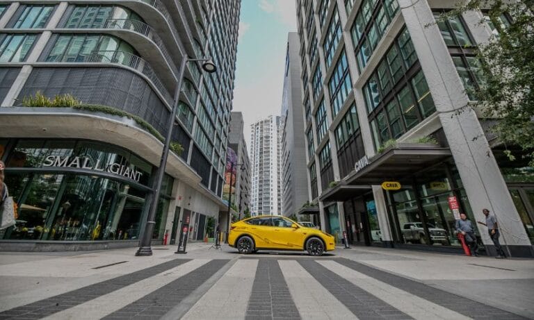 DASH car sitting in between two buildings in Downtown Tampa