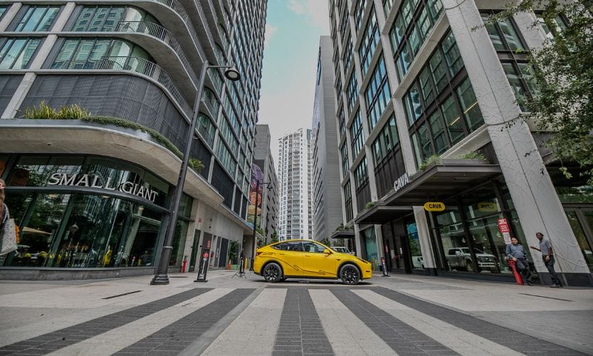 DASH car sitting in between two buildings in Downtown Tampa