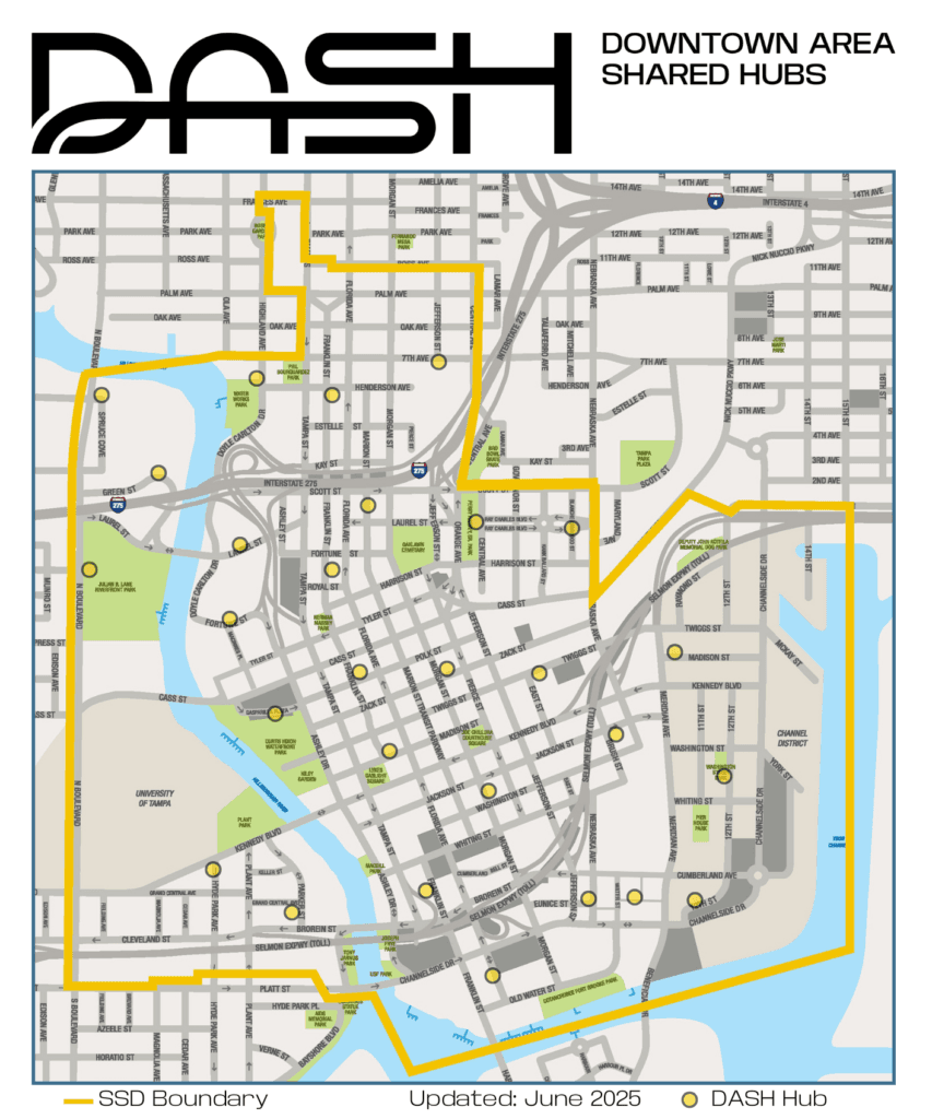 DASH service area map marking all of the Hub locations for pickup and drop off in Downtown Tampa