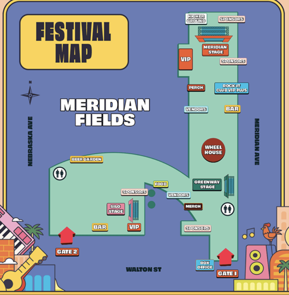 Gasparilla Music Fest map marking the entrances off of Walton Street, along with the VIP and stage locations