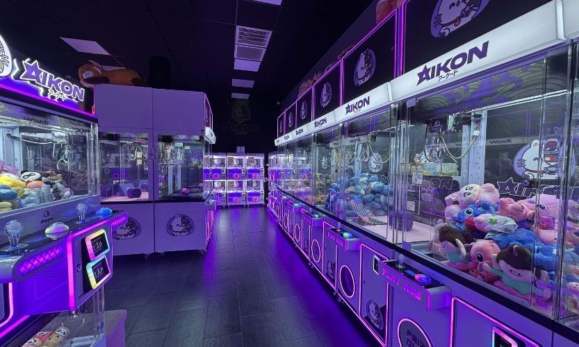 Inside of Aikon claw arcade in Tampa featuring claw machines, and plushies with a cute purple aesthetic