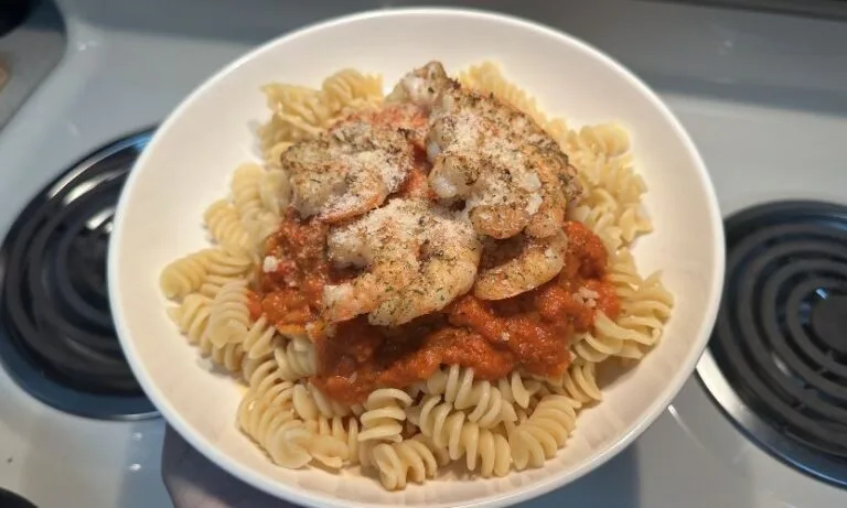 Pasta alla vodka with baked shrimp with ingredients from Wild Fork